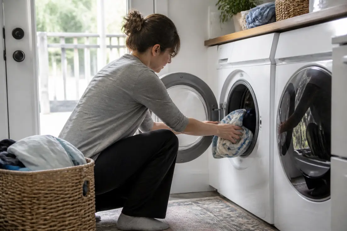 Une personne habillée de façon ordinaire charge son linge dans une machine pour identifier quelle est la marque de lave linge a eviter.