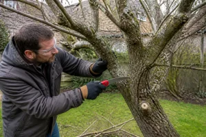 Un jardinier professionnel effectue une taille mûrier platane soignée en hiver pour éviter les chicots secs.