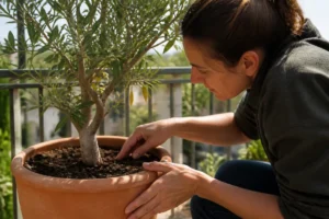 Un jardinier examine la terre d'un olivier en pot aux feuilles jaunes.