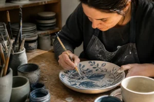 Artisan en train de peindre la céramique à la main dans un atelier lumineux