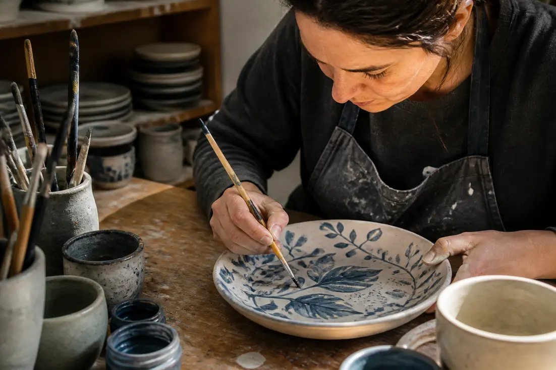 Artisan en train de peindre la céramique à la main dans un atelier lumineux