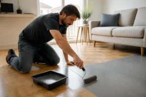 Une personne en tenue décontractée applique de la peinture pour peindre son parquet en bois dans un salon lumineux