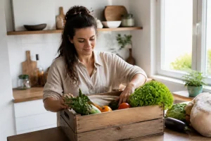 Un panier de fruits et légumes frais sur une table de cuisine avec Potager City prix formules avis.