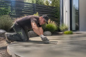 artisan lissant le sol pour estimer le prix béton terrasse de votre future cour extérieure