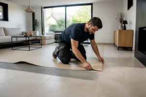 Artisan posant un nouveau revêtement pour recouvrir carrelage sur sol chauffant dans un salon lumineux