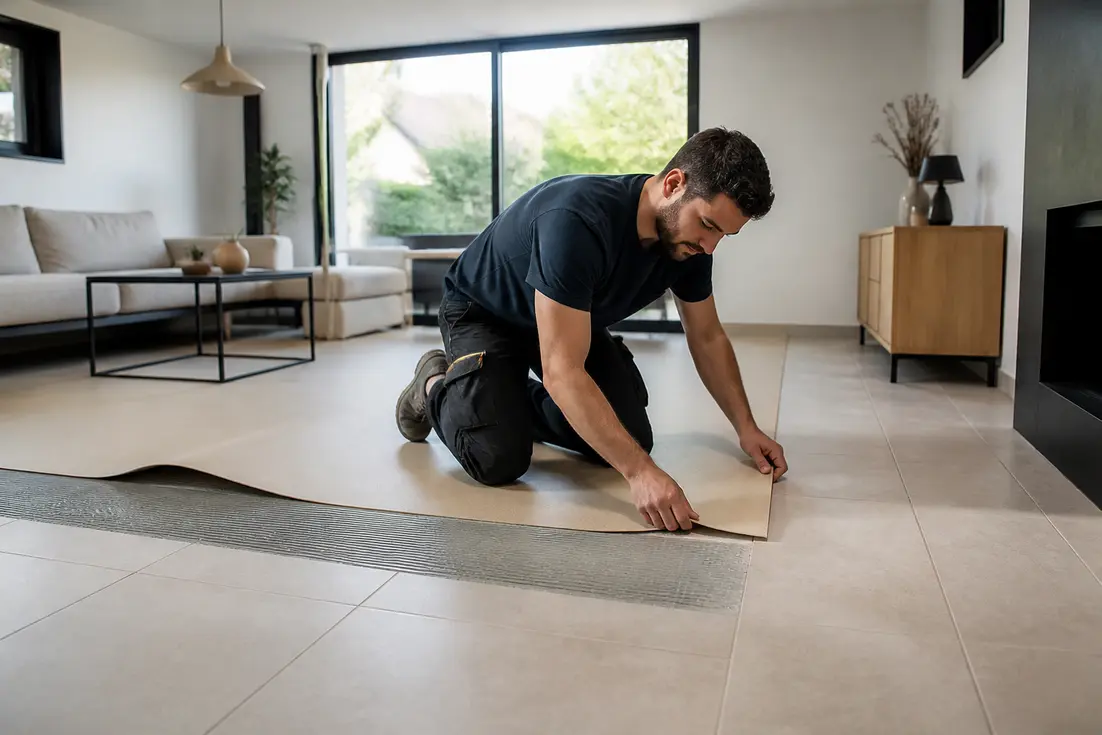 Artisan posant un nouveau revêtement pour recouvrir carrelage sur sol chauffant dans un salon lumineux