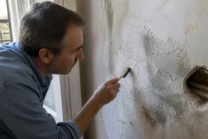 Propriétaire examinant un mur dégradé pour savoir comment identifier et traiter salpêtre dans une pièce.