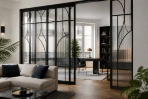 Installation d'une élégante verrière Art Déco en acier avec du verre cannelé dans un salon moderne
