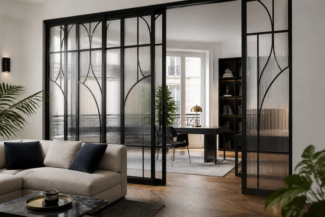 Installation d'une élégante verrière Art Déco en acier avec du verre cannelé dans un salon moderne